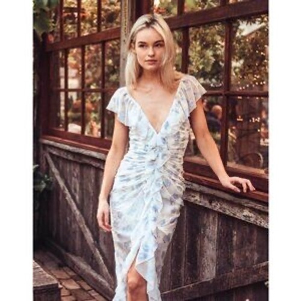 NWT Alice McCall‎ Off Duty Blue Porcelain Pebble Floral Ruffle Midi Dress US 10